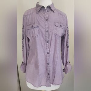 U2 Maurices Premium lavender western shirt black patterned sleeves silver studs
